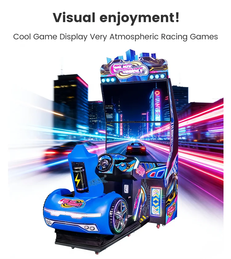 Dual-screen single-player racing simulator shown with a high-speed racing scene