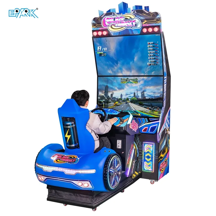 Single-player dual-screen racing arcade simulator with a blue dynamic seat