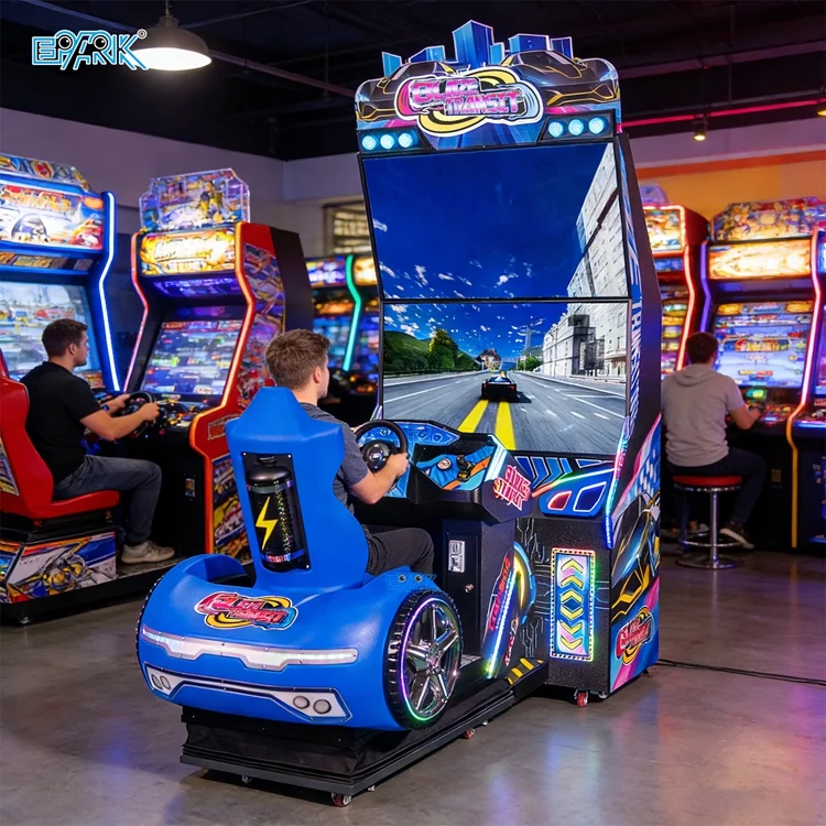 Player using the single-player dual-screen racing simulator in an arcade