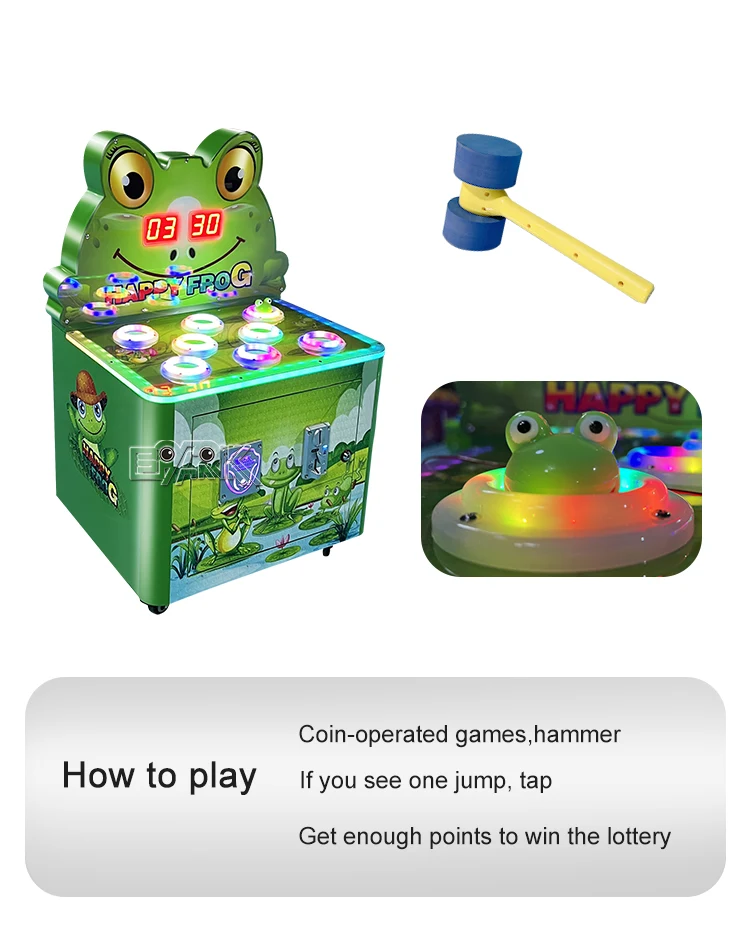 Single-player frog hammer machine with close-ups of the hammer and pop-up target