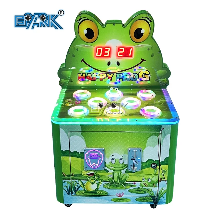Front view of a single-player green frog hammer arcade machine
