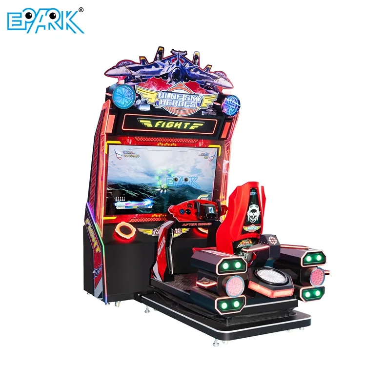 Single-player motion flight shooting arcade machine with a red seat and aircraft controls