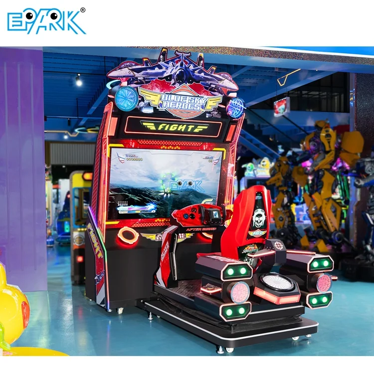 Player using the motion flight shooting machine in an arcade