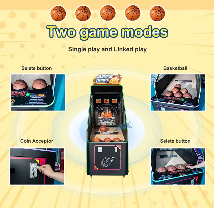 Basketball arcade control buttons, coin acceptor, ball return and moving basket details