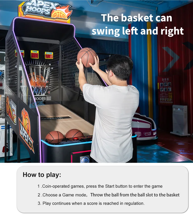 Player shooting at a moving hoop basketball arcade machine