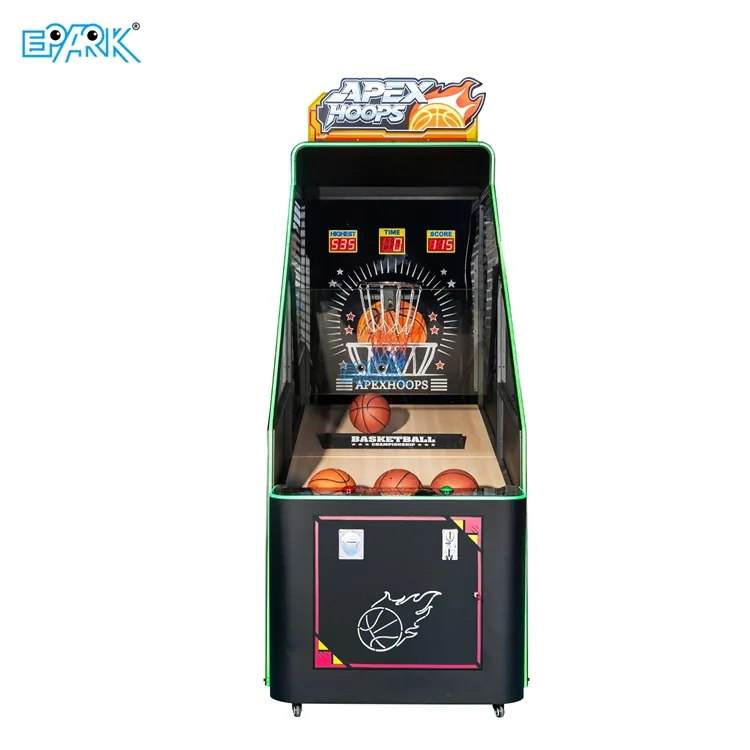 Front view of a single-player moving hoop basketball arcade machine