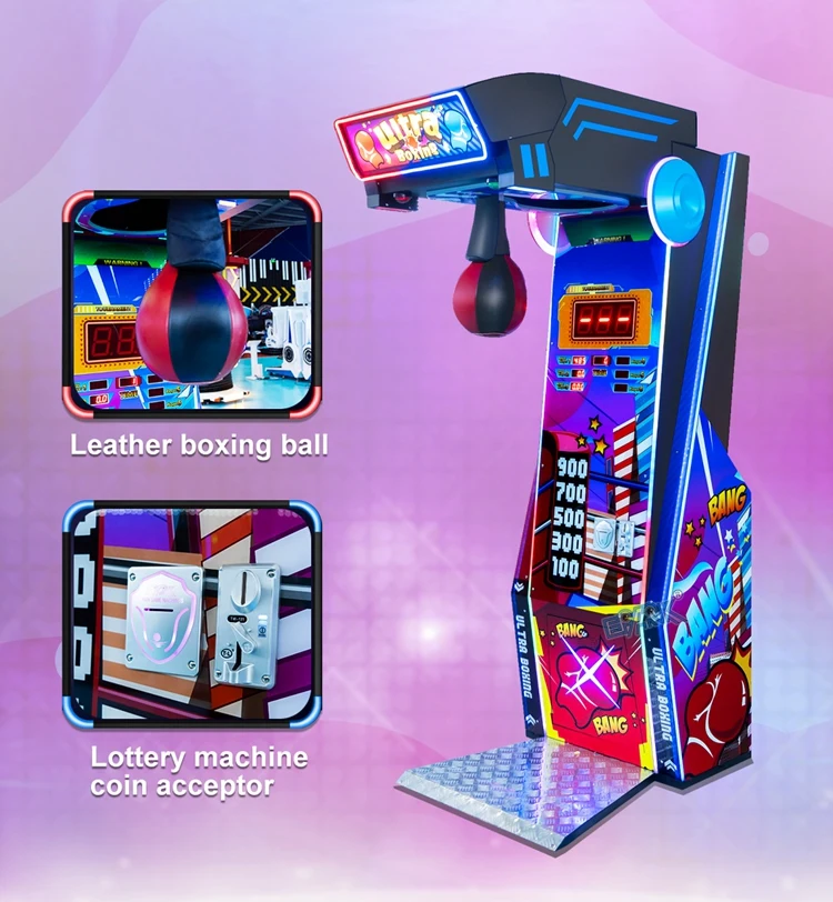 Punching bag machine with close-up views of its bag and coin controls