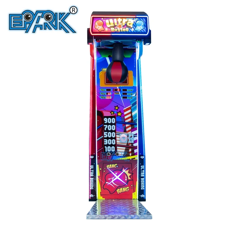 Front view of a single-player punching bag arcade machine and score scale