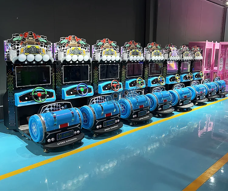 Row of illuminated Speed Chariot racing arcade machines in the showroom