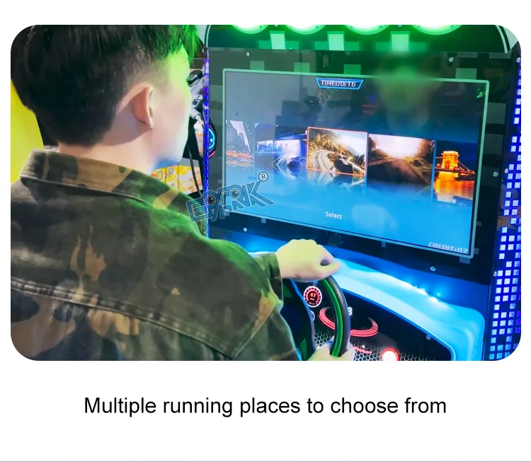 Player selecting a racing scene on the Speed Chariot arcade machine