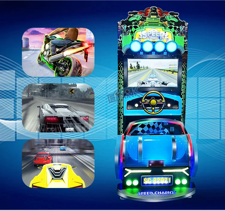 Speed Chariot racing arcade machine with motorcycle and car racing game scene previews