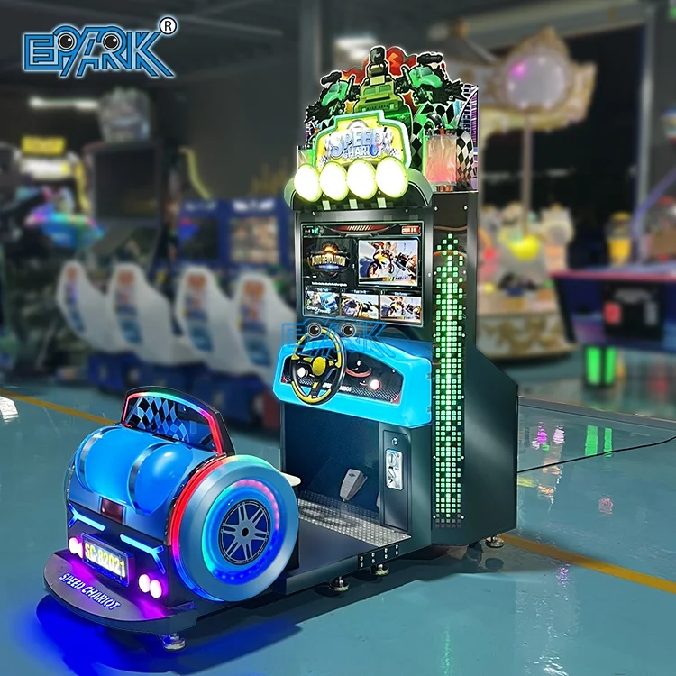Illuminated EPARK Speed Chariot racing arcade machine in the showroom