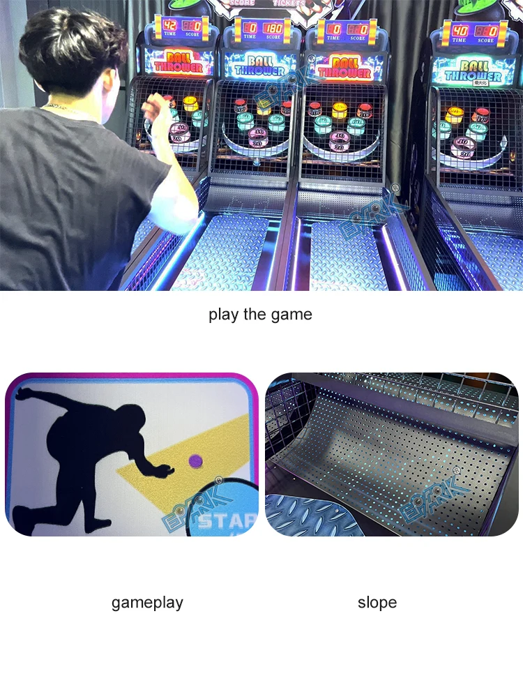 Player throwing a ball toward the scoring boxes on a three-lane arcade game