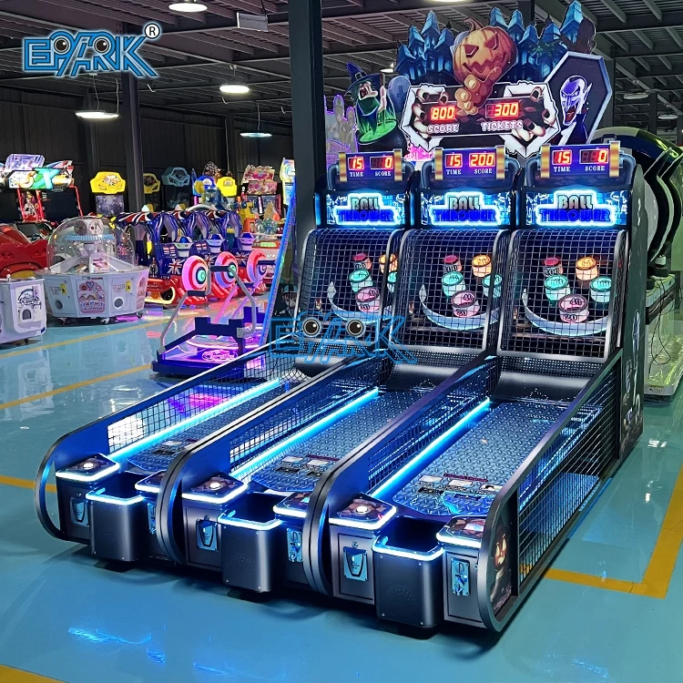 Three-lane ball throwing ticket arcade game in a showroom