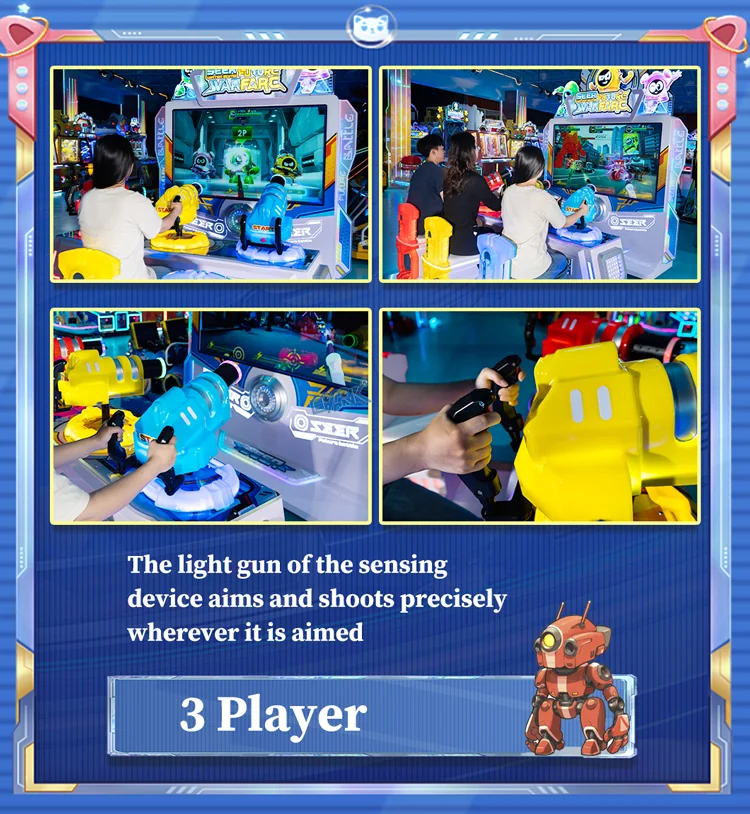 Players using the three colorful game guns on the monster shooting display