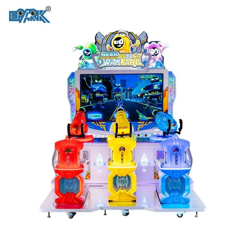 Three-player interactive monster shooting arcade game with red, yellow and blue gun stations