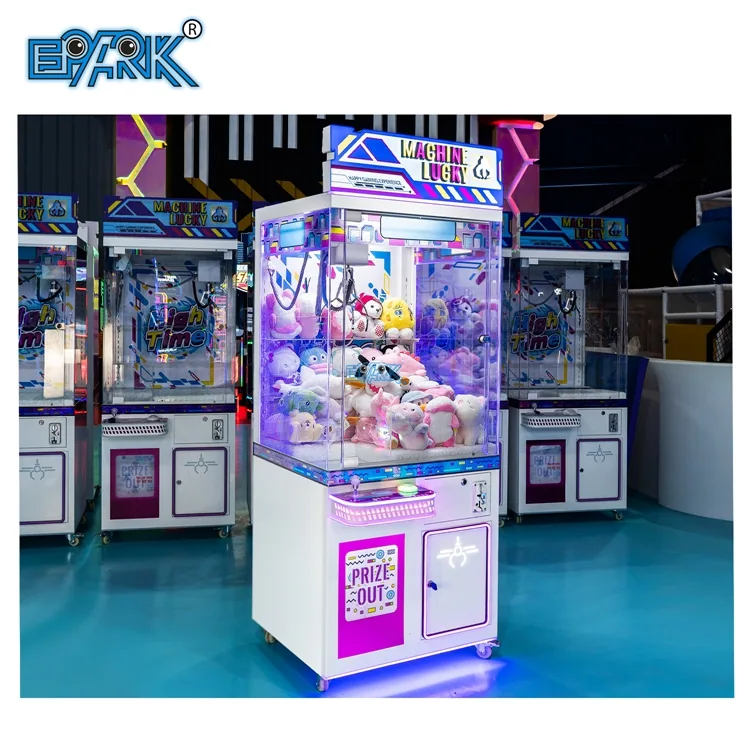 Transparent prize claw machine with purple illuminated cabinet edges