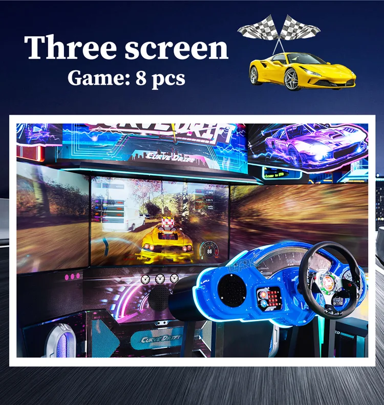 Curve Drift triple-screen display, steering wheel and illuminated control console