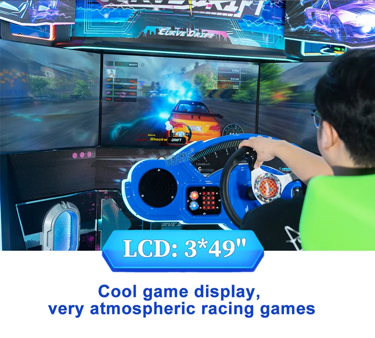 Player steering the Curve Drift racing machine in front of three active game screens