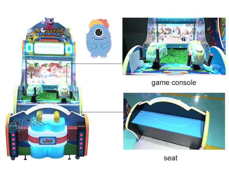 Water shooting machine with close-up views of the controls and shared seat
