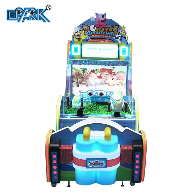 Front view of a two-player water shooting arcade machine with a shared seat