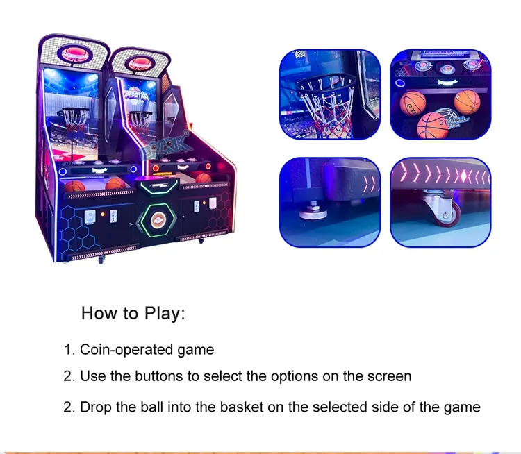 Three-step instructions for starting, selecting and playing the basketball arcade game