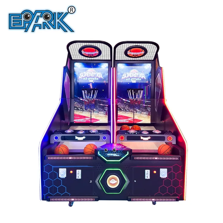 Front view of a two-player basketball arcade game with a 65-inch display