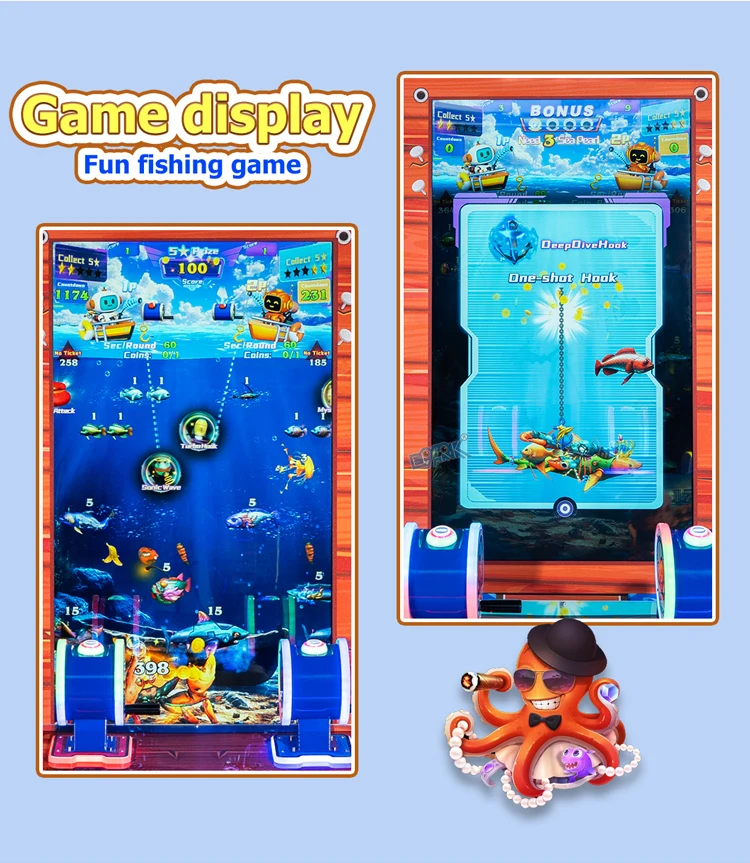 Underwater fishing game scenes and scores on the vertical display