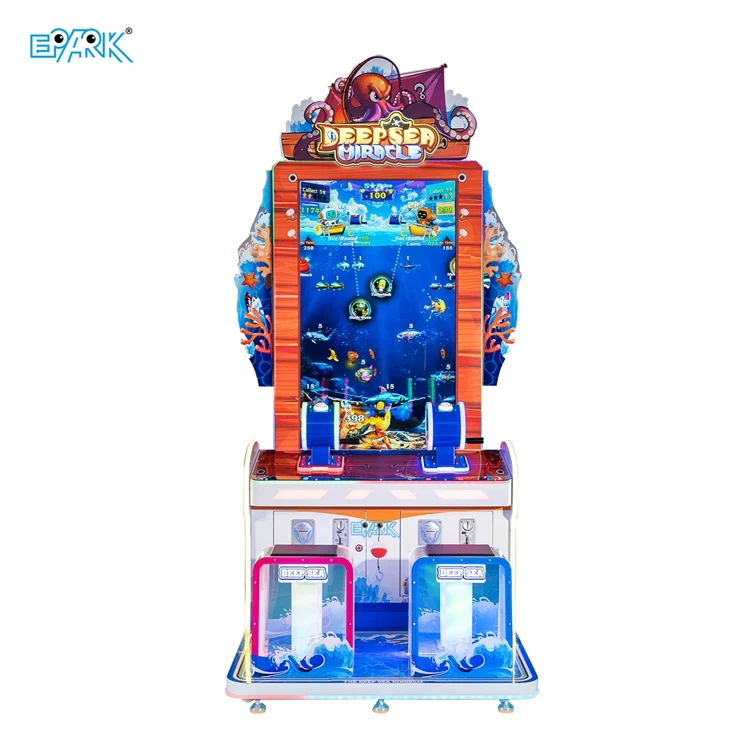 Front view of a two-player fishing arcade machine with a 65-inch screen
