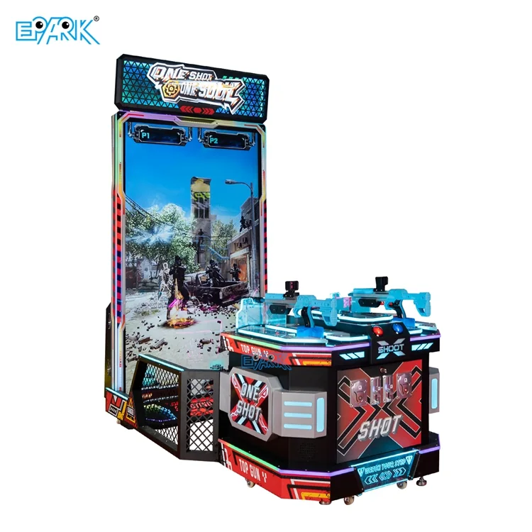 Two-player sniper shooting arcade machine with an 86-inch display and mounted blue guns