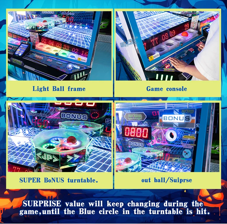 Ball launch scoring frame, controls and bonus turntable details