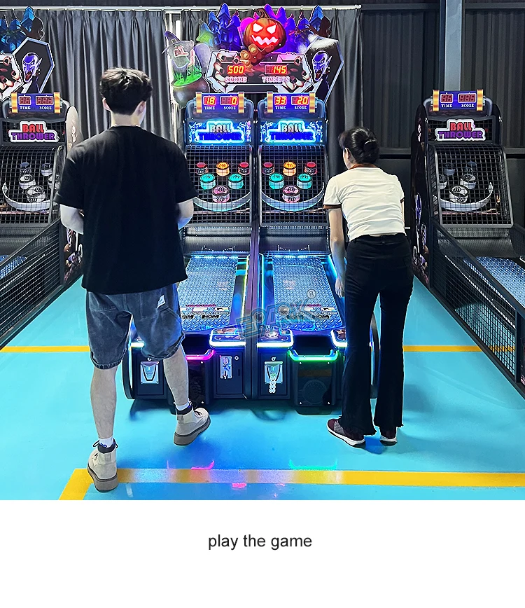 Two players throwing balls on the side-by-side ticket arcade game