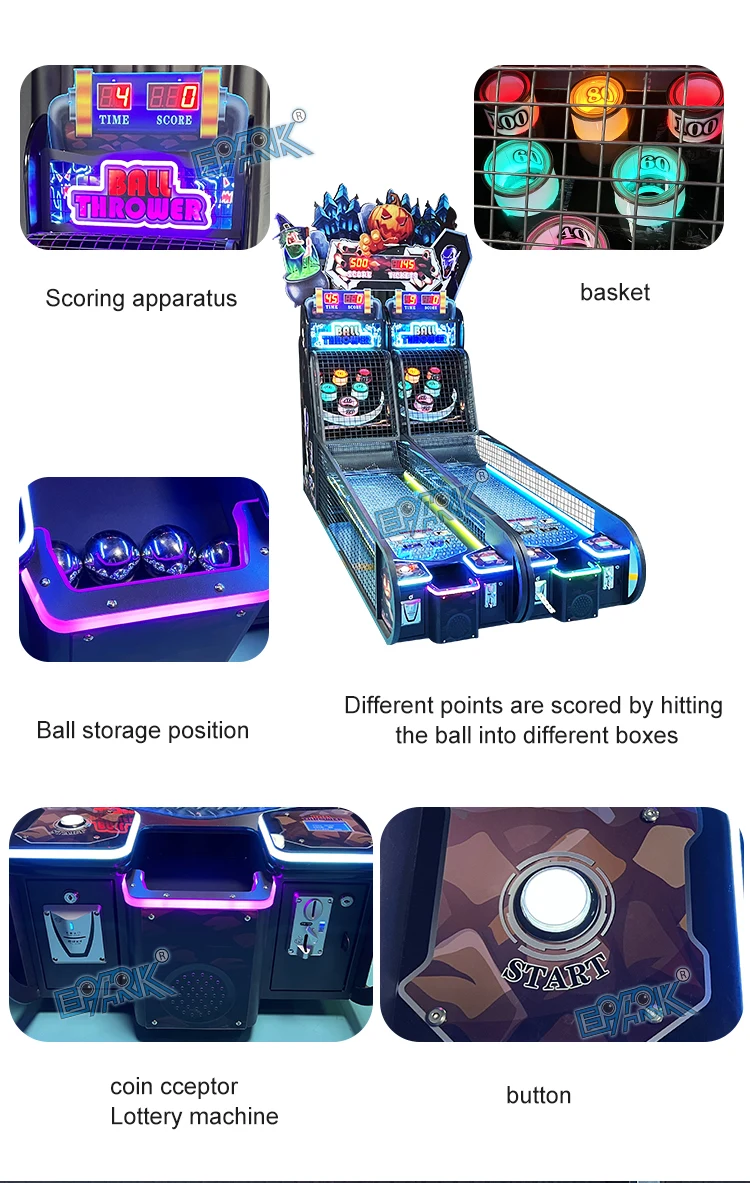 Scoring display, target baskets, ball storage, coin acceptor and start button