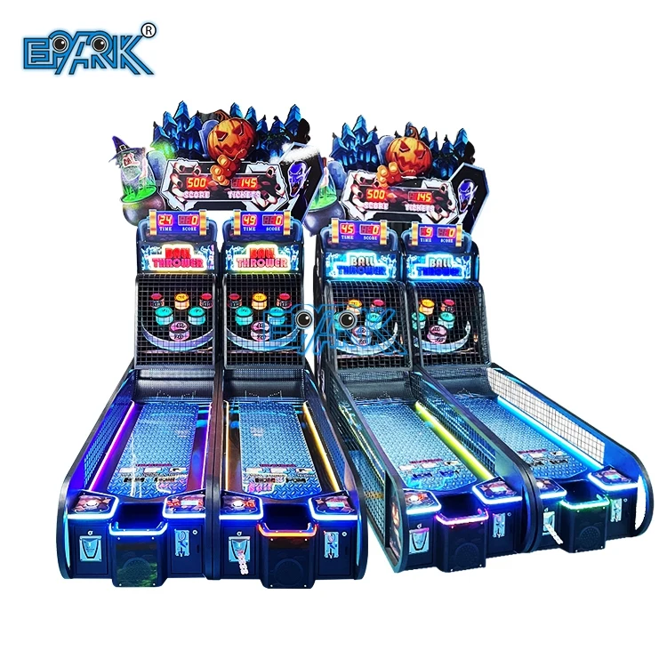 Front angle of a two-player ball throwing ticket arcade game