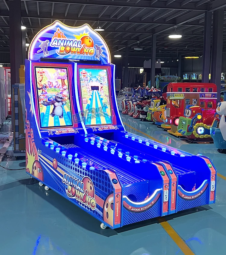 Two-player dual-lane bowling arcade machine operating in a showroom