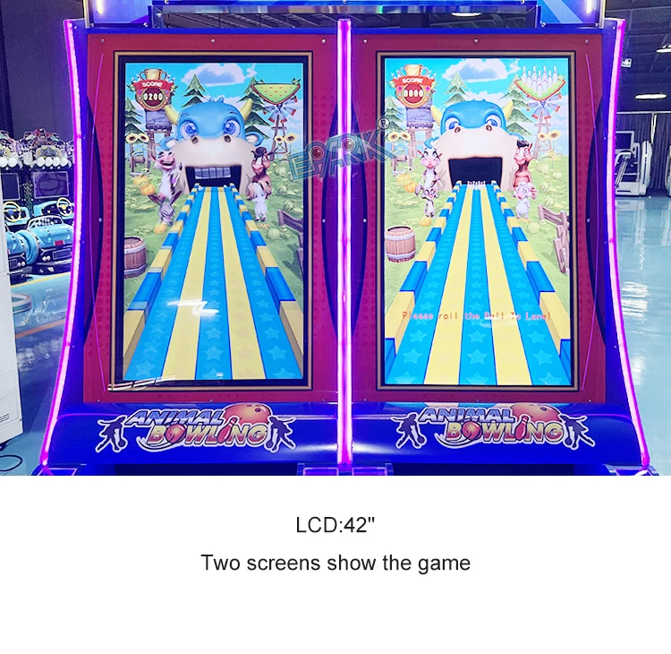 Two 42-inch bowling screens displaying separate game scenes