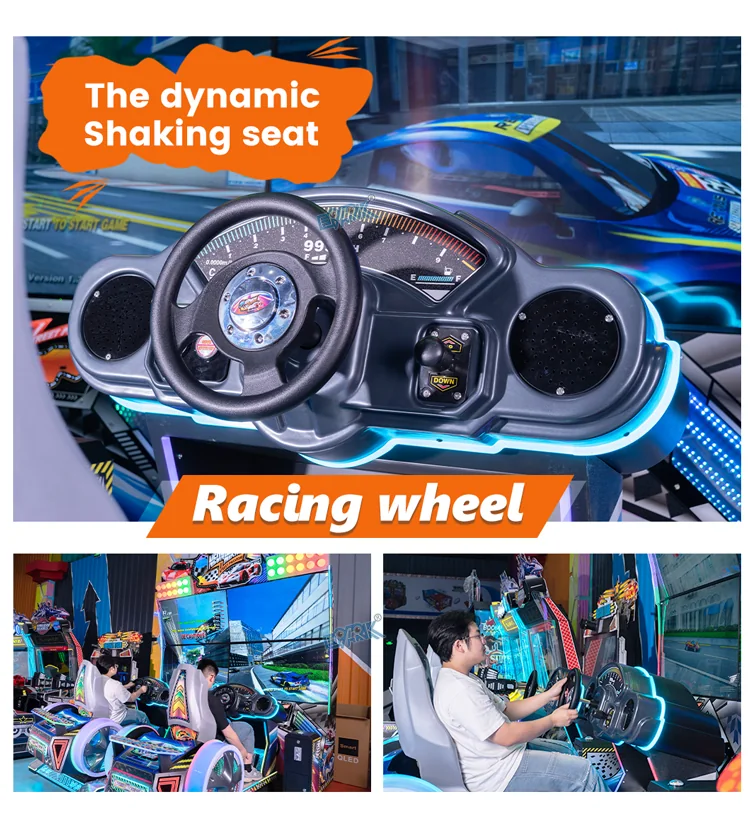 Dynamic seat, steering wheel and in-use details of the two-player racing simulator