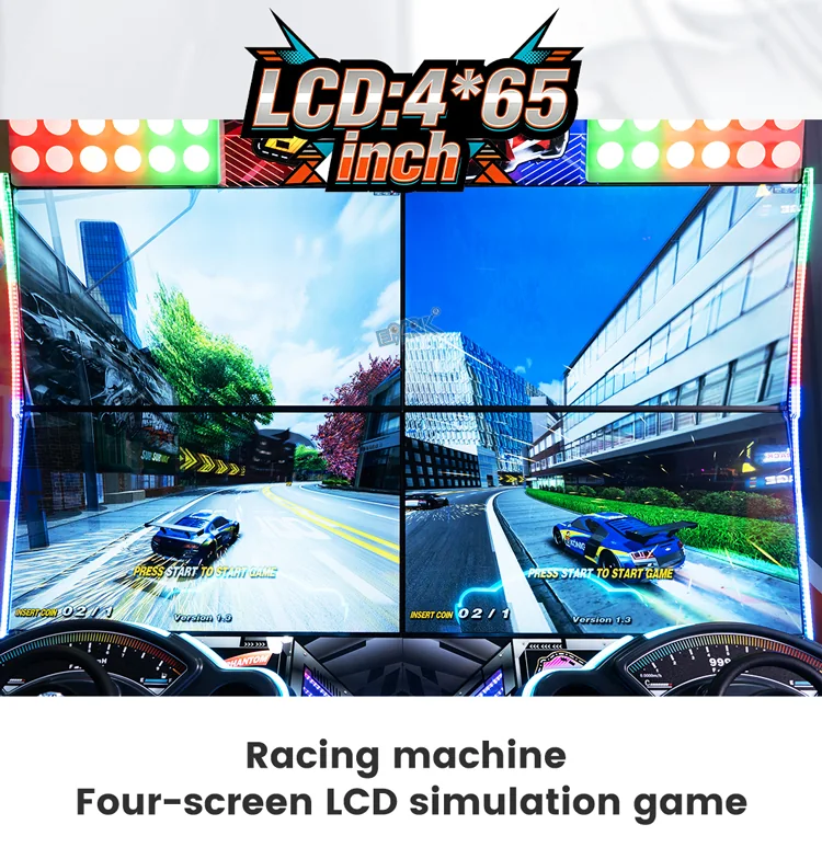 Four 65-inch racing game screens on the two-player racing simulator