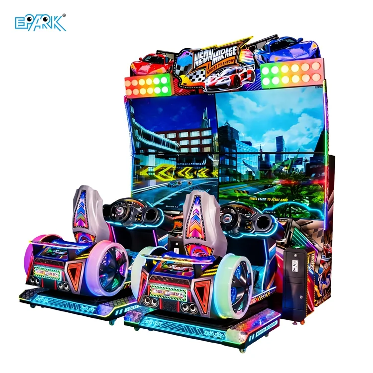 Two-player racing arcade simulator with four 65-inch screens and illuminated seats