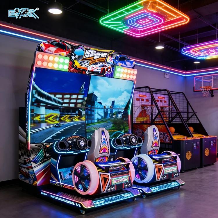 Two players racing on a four-screen arcade simulator in a game center