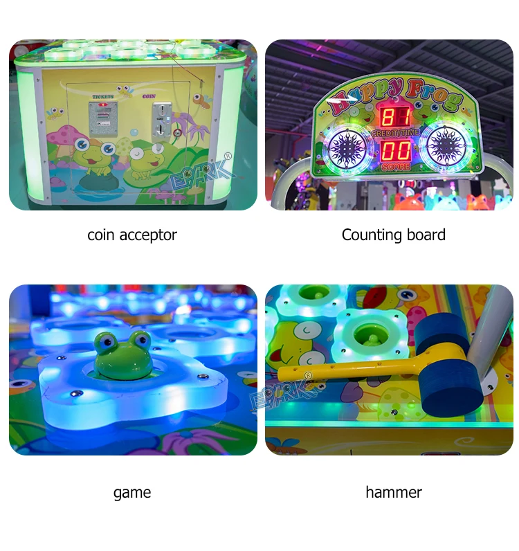 Frog hammer machine details showing coin controls, score board and illuminated targets