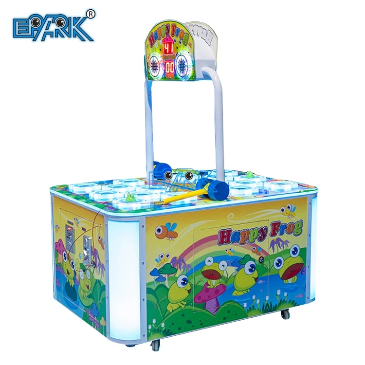 Angled view of a two-player frog hammer arcade game