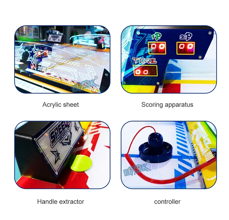 Score display, striker and playfield guard details on the air hockey table