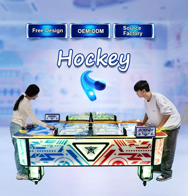 Two players competing on the LED air hockey table