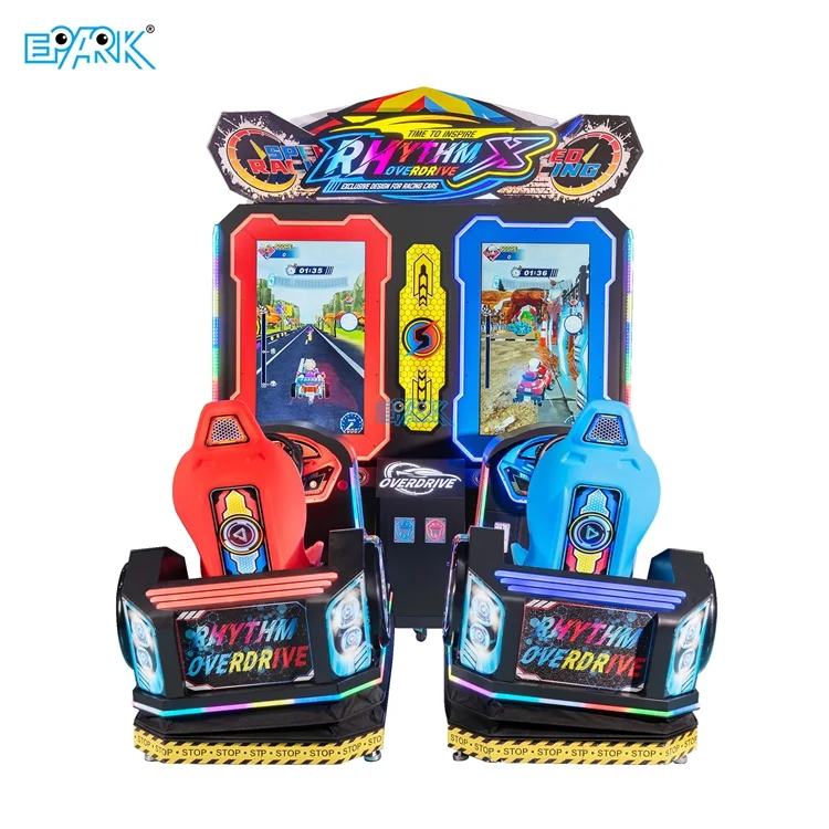 Front view of a two-player linked racing arcade machine with red and blue seats