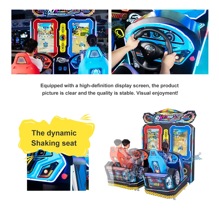 Two players using the Rhythm Overdrive linked racing controls with a steering wheel detail