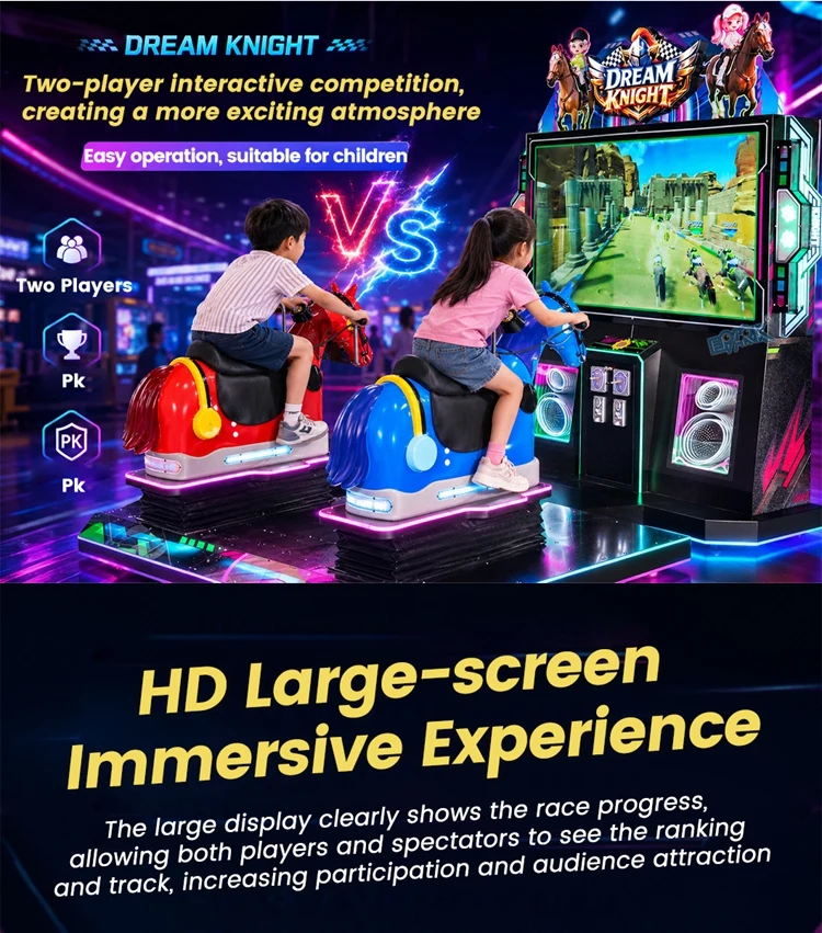 Two players competing on the two-seat motion horse racing arcade machine