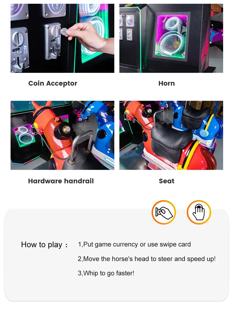 Horse racing machine controls and gameplay instructions for steering and speed