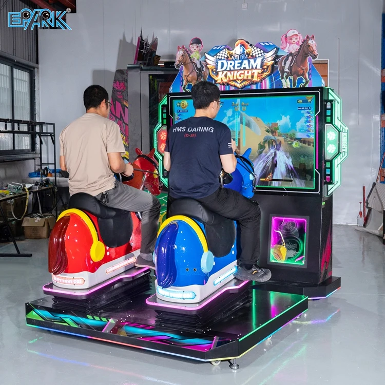 Two players riding a two-seat motion horse racing arcade machine