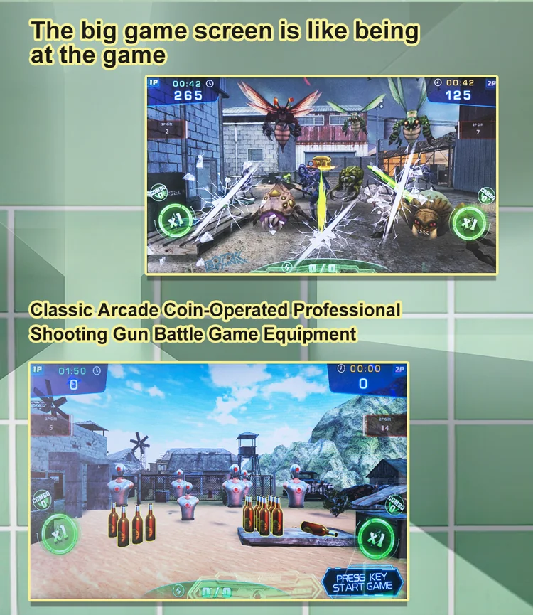 On-screen shooting game choices and target gameplay on the two-player machine